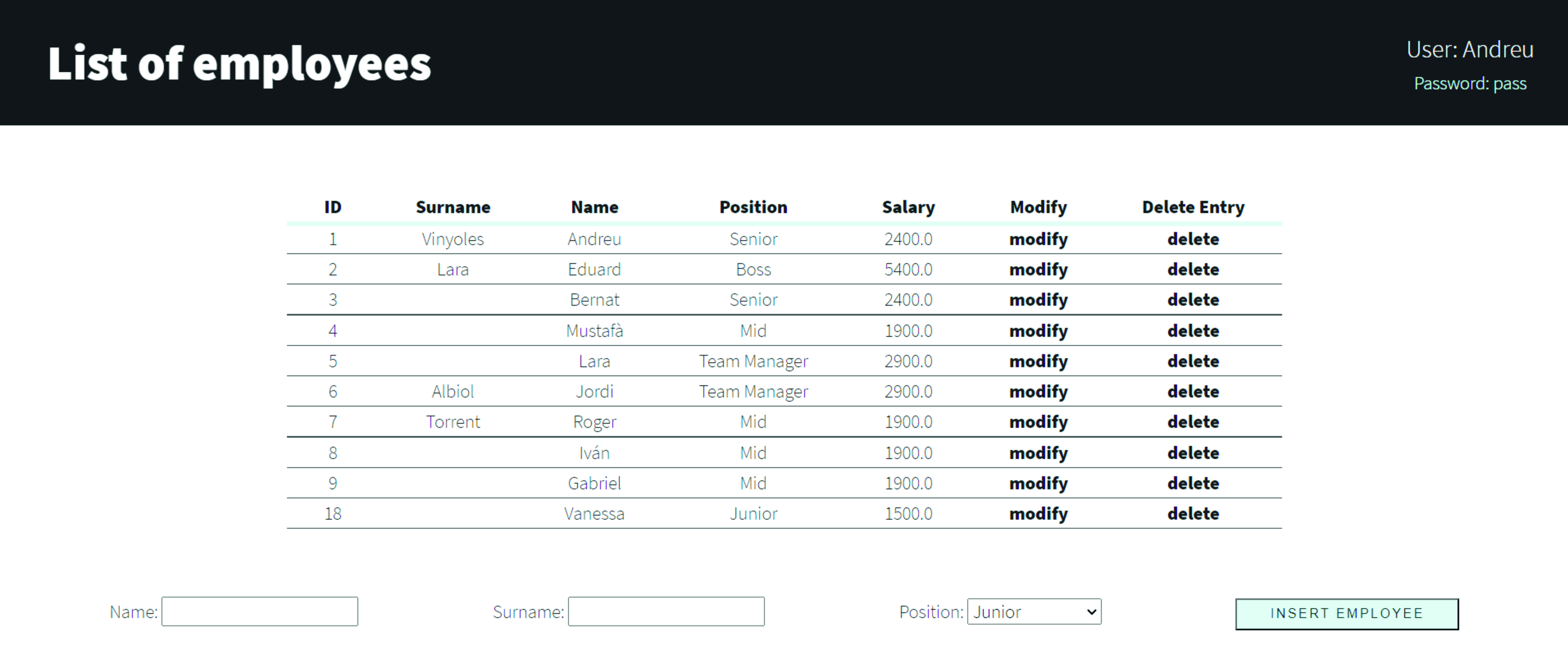 Table generated with the program, showing the employees data.